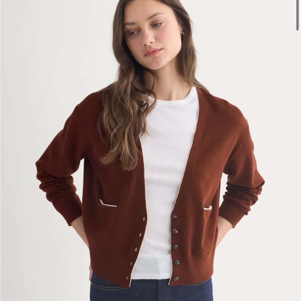 Everlane Brown V-Neck Cardigan with Contrast Trim